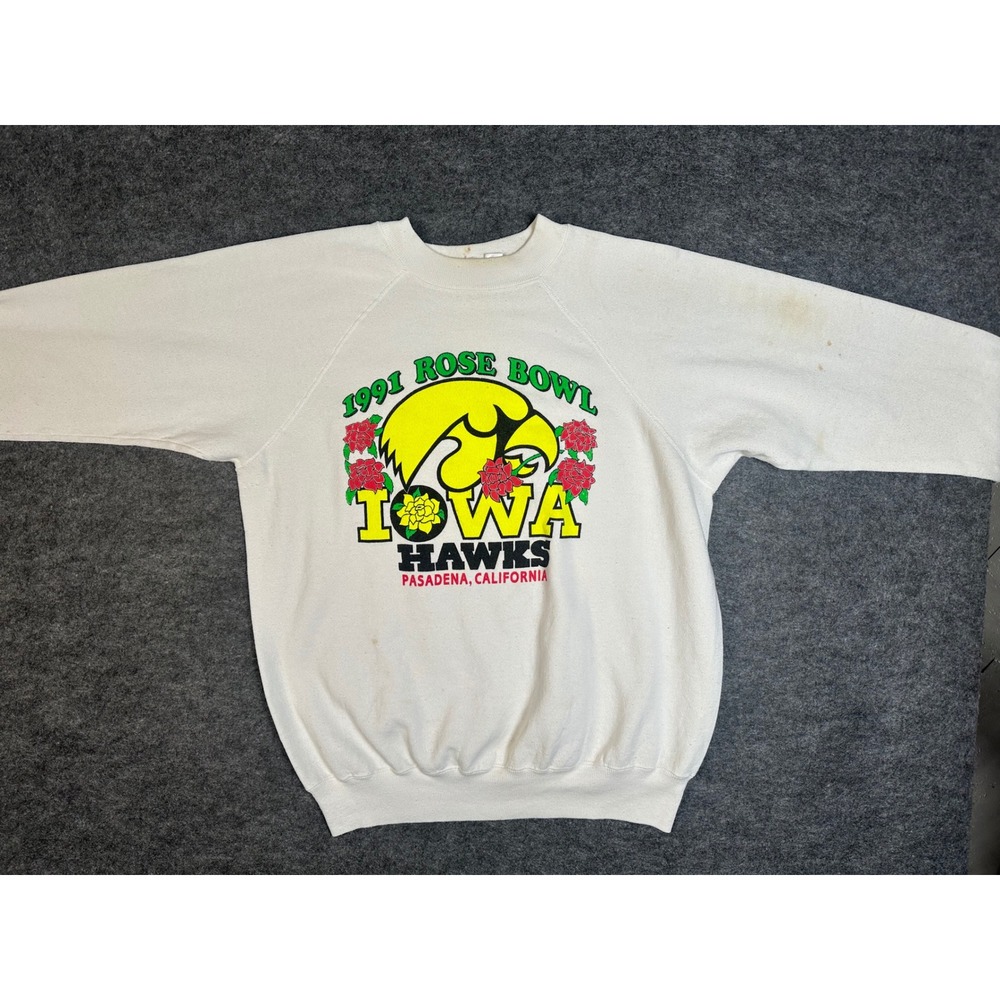Vintage 90s Sweatshirt 1991 Rose Bowl Iowa Hawkeyes Hanes Raglan White XL